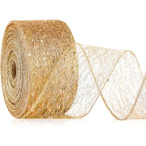 Glitter Ribbon Christmas Mesh Craft Ribbon Wired Metallic Polyester Web Sequins Decorative Ribbon for DIY Bow Wreath Making Wrapping Home Decor (Champagne Gold, 20 Yard)