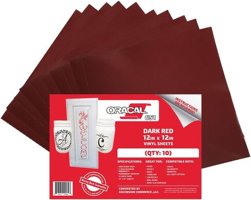 (10) 12" x 12" Sheets - Oracal 651 Dark Red Adhesive Craft Vinyl for Cricut, Silhouette, Cameo, Craft Cutters, Printers, and Decals - Gloss Finish and Outdoor and Permanent in Saudi Arabia