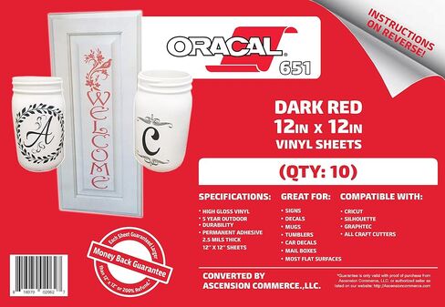 (10) 12" x 12" Sheets - Oracal 651 Dark Red Adhesive Craft Vinyl for Cricut, Silhouette, Cameo, Craft Cutters, Printers, and Decals - Gloss Finish and Outdoor and Permanent in Saudi Arabia