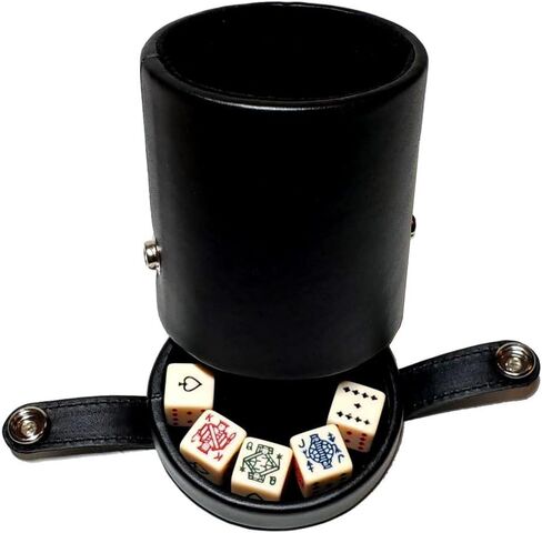 Black Leatherette Deluxe Dice Cup With Storage Compartment for Included Poker Dice Set in Saudi Arabia