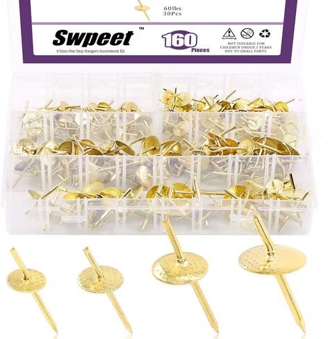 مجموعة متنوعة من شماعات الصور الذهبية من Swpeet 60 قطعة بأربعة أحجام مختلفة، 10Ib 20Ib 40Ib 60Ib خطاطيف أظافر احترافية من سبائك الحديد مجموعة شماعات إطار الصورة على الخشب، للساعة والمرآة والمجوهرات in Kuwait