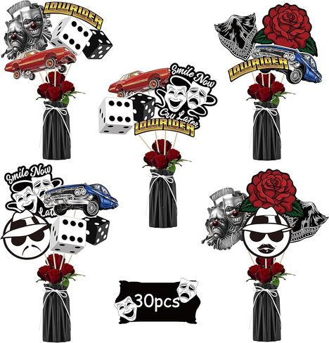 Adval9Vram 30Pcs Cholo Party Table Decorations Cholo Early 2000s Party Table Centerpieces Teen Cholo Themed Party Tabletop, Cholo Style Old School Birthday Party Table Decor Birthday Gifts Supplies in Kuwait