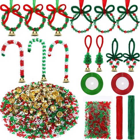 Poen 6200 Piece Christmas Beaded Ornament Kit Christmas Ornament Craft Kit 5400 Tri Beads for Craft 500 Christmas Beads 200 Chenille Stem 100 Bell 148 Feet Ribbon for DIY Craft Xmas Tree Decor in Saudi Arabia