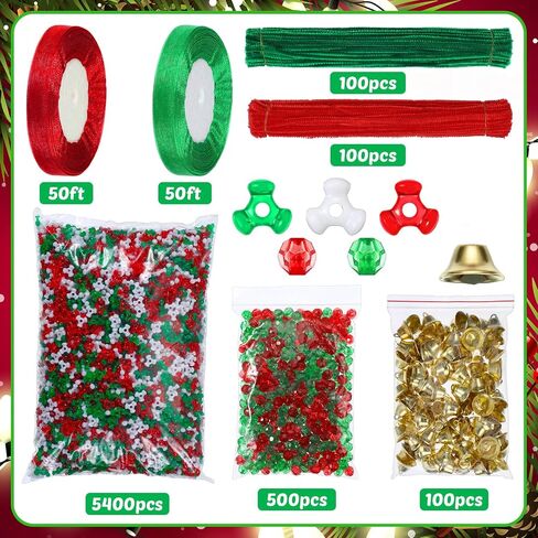 Poen 6200 Piece Christmas Beaded Ornament Kit Christmas Ornament Craft Kit 5400 Tri Beads for Craft 500 Christmas Beads 200 Chenille Stem 100 Bell 148 Feet Ribbon for DIY Craft Xmas Tree Decor in Saudi Arabia