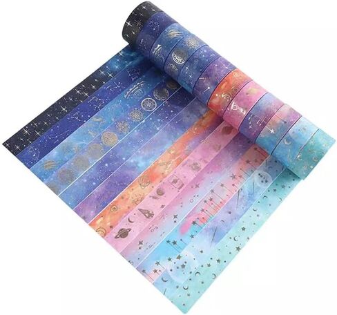 شريط كيروسلي 12 رول جالاكسي واشي، شريط لاصق رقاقة ذهبية واشي، قمر، نجوم، سلستيال، شريط ورقي مزخرف ذاتي، تغليف هدايا، الحرف زخرفية. in Kuwait