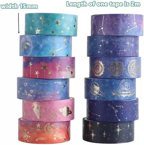 شريط كيروسلي 12 رول جالاكسي واشي، شريط لاصق رقاقة ذهبية واشي، قمر، نجوم، سلستيال، شريط ورقي مزخرف ذاتي، تغليف هدايا، الحرف زخرفية. in Kuwait