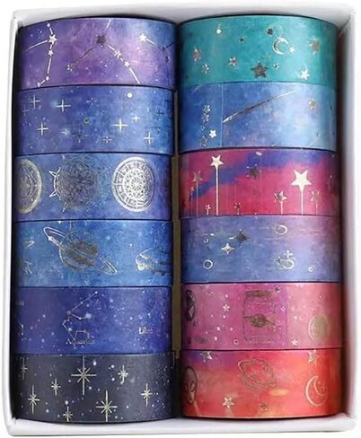 شريط كيروسلي 12 رول جالاكسي واشي، شريط لاصق رقاقة ذهبية واشي، قمر، نجوم، سلستيال، شريط ورقي مزخرف ذاتي، تغليف هدايا، الحرف زخرفية. in Kuwait