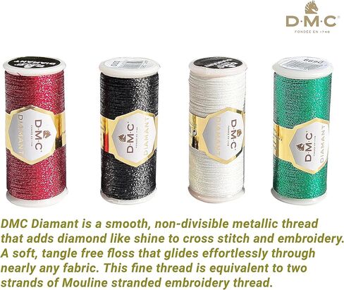 مجموعة خيوط التطريز المعدنية DMC Diamant، خيوط الخياطة. حزمة الأبيض والأبنوس والياقوت الأحمر والأخضر الزمرد. طقم تطريز يدوي وخيوط لامعة بالإبرة. 38.2 ياردة. تشكيلة واحدة غير قابلة للقسمة. in Kuwait