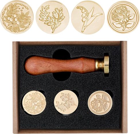 مجموعة ختم الشمع العتيقة، مجموعة ختم الشمع النباتي، ختم شمع زهرة نبات الأوكالبتوس لمغلفات الزفاف هدية تزيين الدعوة 4 قطع in Kuwait