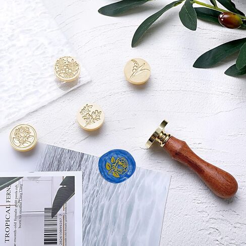 مجموعة ختم الشمع العتيقة، مجموعة ختم الشمع النباتي، ختم شمع زهرة نبات الأوكالبتوس لمغلفات الزفاف هدية تزيين الدعوة 4 قطع in Kuwait