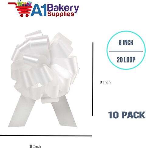 Wedding White Pull String Bows - 8 Inch Wide 20 Loops Large (2 and 1/2 Inch Ribbon) Set of 10 by A1 bakery supplies in Saudi Arabia