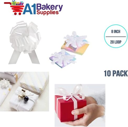 Wedding White Pull String Bows - 8 Inch Wide 20 Loops Large (2 and 1/2 Inch Ribbon) Set of 10 by A1 bakery supplies in Saudi Arabia
