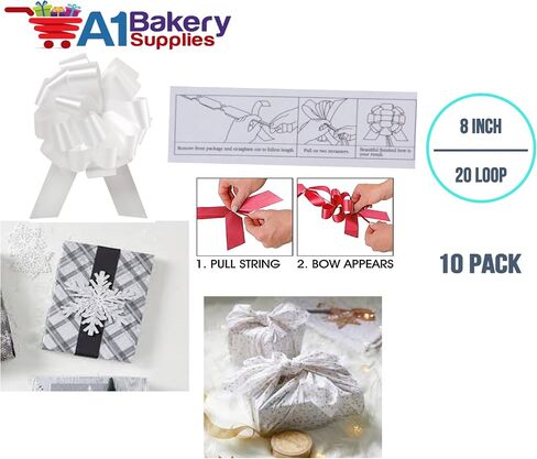 Wedding White Pull String Bows - 8 Inch Wide 20 Loops Large (2 and 1/2 Inch Ribbon) Set of 10 by A1 bakery supplies in Saudi Arabia