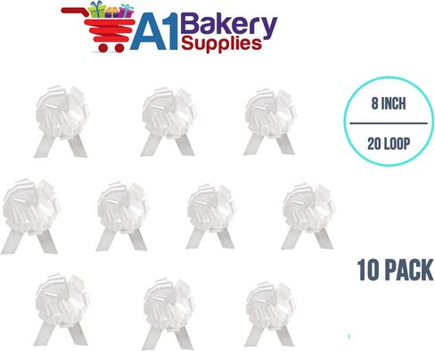 Wedding White Pull String Bows - 8 Inch Wide 20 Loops Large (2 and 1/2 Inch Ribbon) Set of 10 by A1 bakery supplies in Saudi Arabia