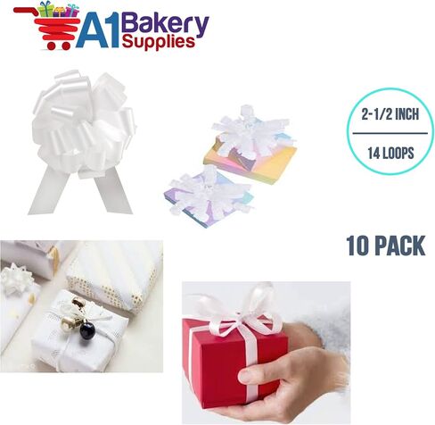 Wedding White Pull String Bows - 8 Inch Wide 20 Loops Large (2 and 1/2 Inch Ribbon) Set of 10 by A1 bakery supplies in Saudi Arabia