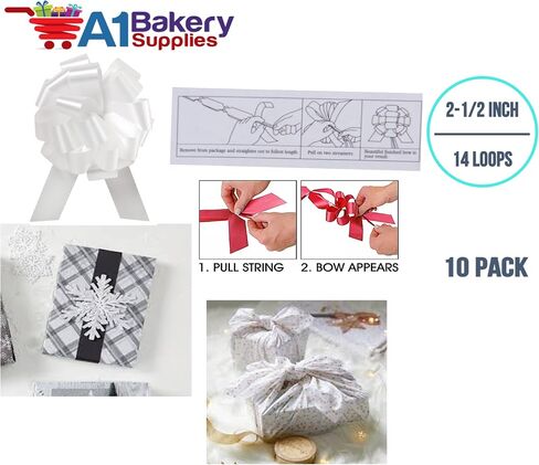 Wedding White Pull String Bows - 8 Inch Wide 20 Loops Large (2 and 1/2 Inch Ribbon) Set of 10 by A1 bakery supplies in Saudi Arabia