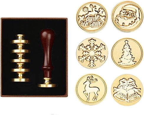Merry Christmas Wax Seal Stamp Set, 6 Pieces Sealing Stamps Copper Seals 1 Wood Handle, Waxing Seal Stamp Kit for Cards Envelopes Invitations Wine Packages in Saudi Arabia
