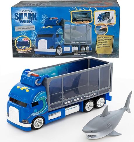 SHARK WEEK Discovery - Rescue Transport Truck Toy Playset for Kids, Includes Moving Toy Truck with Lights and Sounds, Great White Shark Tank, Hand Painted, Realistic, Eco Friendly, Officially Licensed in Saudi Arabia