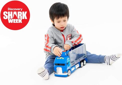 SHARK WEEK Discovery - Rescue Transport Truck Toy Playset for Kids, Includes Moving Toy Truck with Lights and Sounds, Great White Shark Tank, Hand Painted, Realistic, Eco Friendly, Officially Licensed in Saudi Arabia