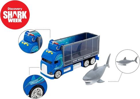 SHARK WEEK Discovery - Rescue Transport Truck Toy Playset for Kids, Includes Moving Toy Truck with Lights and Sounds, Great White Shark Tank, Hand Painted, Realistic, Eco Friendly, Officially Licensed in Saudi Arabia