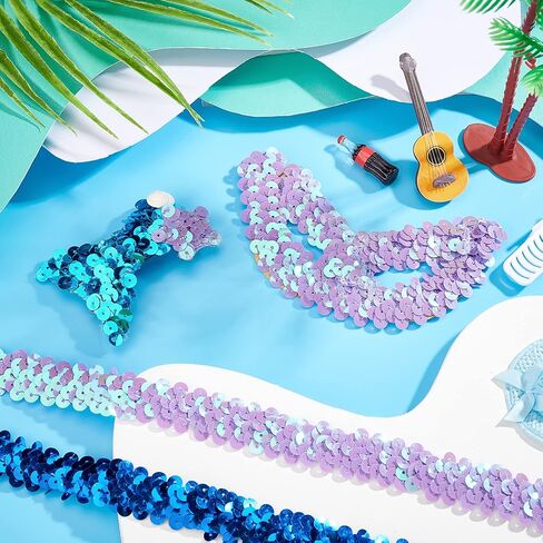 PH PandaHall 10 Yard Elastic Sequin Trim, 4 Colors 20mm Blue Sequin Ribbon Trim Metallic Paillette Fabric Ribbon Shiny Trim for Women Mermaid Dress Halloween Costume Headband Sewing in Saudi Arabia