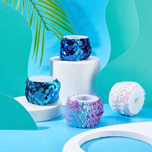 PH PandaHall 10 Yard Elastic Sequin Trim, 4 Colors 20mm Blue Sequin Ribbon Trim Metallic Paillette Fabric Ribbon Shiny Trim for Women Mermaid Dress Halloween Costume Headband Sewing in Saudi Arabia