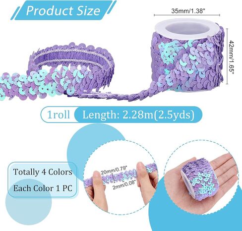 PH PandaHall 10 Yard Elastic Sequin Trim, 4 Colors 20mm Blue Sequin Ribbon Trim Metallic Paillette Fabric Ribbon Shiny Trim for Women Mermaid Dress Halloween Costume Headband Sewing in Saudi Arabia