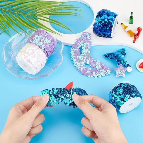 PH PandaHall 10 Yard Elastic Sequin Trim, 4 Colors 20mm Blue Sequin Ribbon Trim Metallic Paillette Fabric Ribbon Shiny Trim for Women Mermaid Dress Halloween Costume Headband Sewing in Saudi Arabia