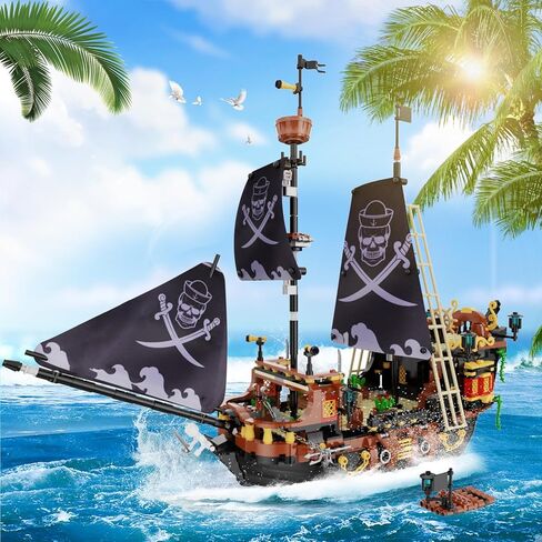 مجموعات مكعبات بناء سفينة القراصنة من HOGOKIDS - مجموعة مكعبات بناء صغيرة لسفينة القراصنة | مجموعة نماذج القوارب والسفن مجموعة بناء من القرون الوسطى | هدية القراصنة للبالغين والأطفال 6+ (1328 قطعة) in Kuwait