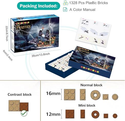 مجموعات مكعبات بناء سفينة القراصنة من HOGOKIDS - مجموعة مكعبات بناء صغيرة لسفينة القراصنة | مجموعة نماذج القوارب والسفن مجموعة بناء من القرون الوسطى | هدية القراصنة للبالغين والأطفال 6+ (1328 قطعة) in Kuwait