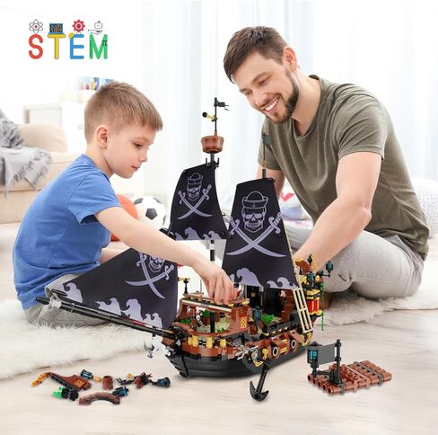 مجموعات مكعبات بناء سفينة القراصنة من HOGOKIDS - مجموعة مكعبات بناء صغيرة لسفينة القراصنة | مجموعة نماذج القوارب والسفن مجموعة بناء من القرون الوسطى | هدية القراصنة للبالغين والأطفال 6+ (1328 قطعة) in Kuwait