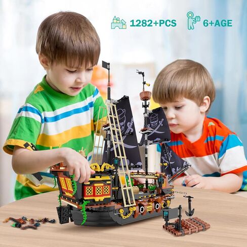 مجموعات مكعبات بناء سفينة القراصنة من HOGOKIDS - مجموعة مكعبات بناء صغيرة لسفينة القراصنة | مجموعة نماذج القوارب والسفن مجموعة بناء من القرون الوسطى | هدية القراصنة للبالغين والأطفال 6+ (1328 قطعة) in Kuwait