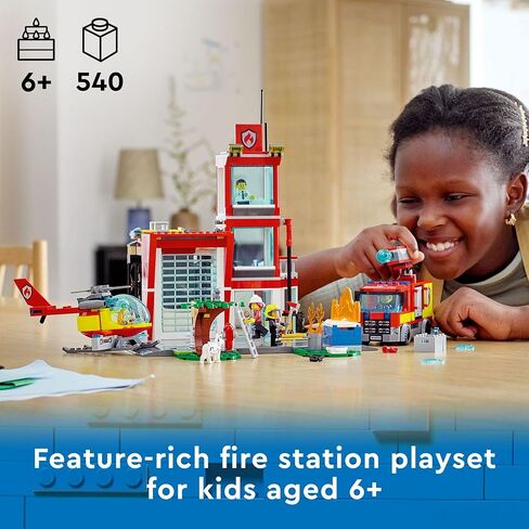 LEGO City Fire Station Set 60320 with Garage, Helicopter & Fire Engine Toys Plus Firefighter Minifigures, Emergency Vehicles Playset, Gifts for Kids Age 6 Plus in Saudi Arabia