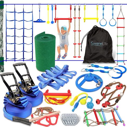 SereneLife Ninja Warrior Slack Line Obstacle Course 50ft Slackline with 18 Jungle Gym Tree Climbing Attachments Backyard Outdoor Play Equipment Set for Kids Outside with Rope Ladder and Accessories in Saudi Arabia