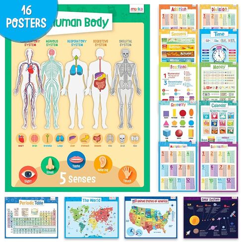 ملصقات تعليمية من merka - مجموعة مدرسية - 16 ملصقًا كبيرًا - خريطة الولايات المتحدة الأمريكية والعالم، الرؤوس، جسم بشري، النظام الشمسي، الجدول الدوري والرياضيات والمزيد - رائع للمنزل والمدارس - مقاس 43.18 × 55.88 سم in Kuwait