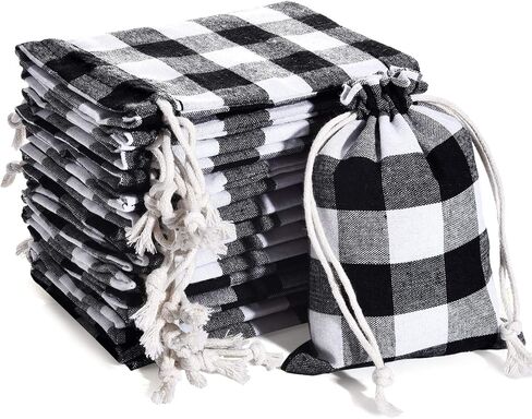 24 Pieces Gift Bags Christmas Buffalo Plaid Drawstring Bag Christmas Burlap Drawstring Bag Washable Cotton Xmas Bag for Candy Wrapper Christmas Party Favor (Black White, Plaid) in Saudi Arabia