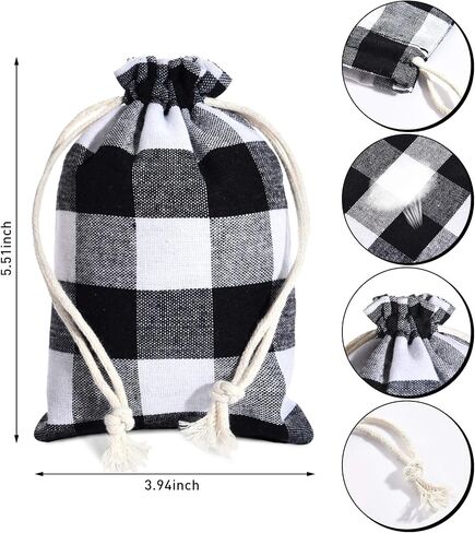 24 Pieces Gift Bags Christmas Buffalo Plaid Drawstring Bag Christmas Burlap Drawstring Bag Washable Cotton Xmas Bag for Candy Wrapper Christmas Party Favor (Black White, Plaid) in Saudi Arabia
