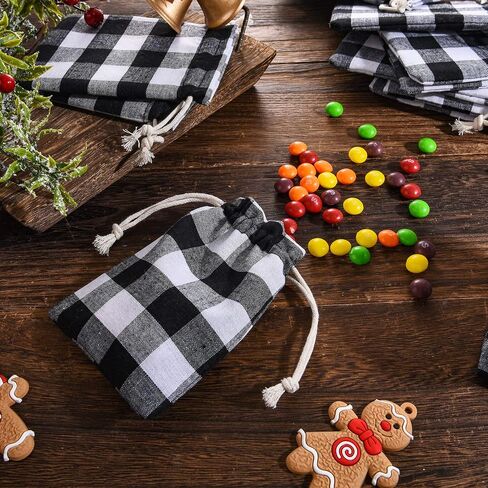 24 Pieces Gift Bags Christmas Buffalo Plaid Drawstring Bag Christmas Burlap Drawstring Bag Washable Cotton Xmas Bag for Candy Wrapper Christmas Party Favor (Black White, Plaid) in Saudi Arabia