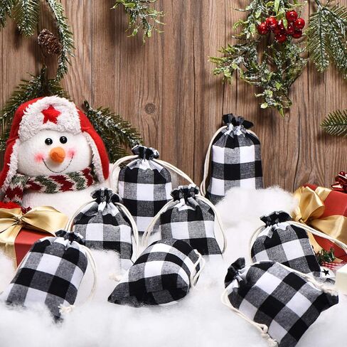 24 Pieces Gift Bags Christmas Buffalo Plaid Drawstring Bag Christmas Burlap Drawstring Bag Washable Cotton Xmas Bag for Candy Wrapper Christmas Party Favor (Black White, Plaid) in Saudi Arabia
