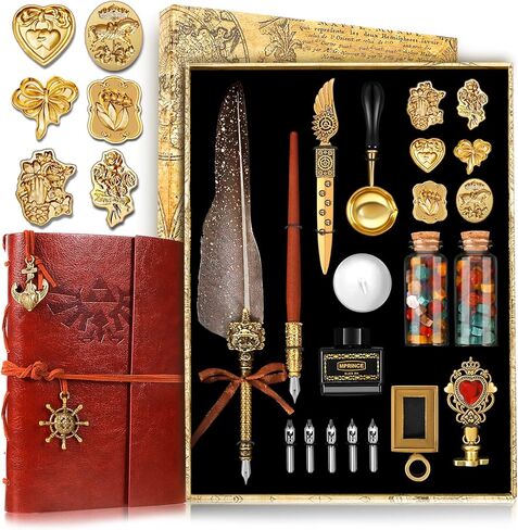 HBGQQ Quill Pen Ink Set,Wax Seal Stamp Kit Feather Ink Set Includes Quill Pen,7 Seal Heads(5D Relief Seal),Notebook,2 Bottles Wax Beads,Beautiful Gift Calligraphy Set,Christmas Gifts-Grey in Saudi Arabia