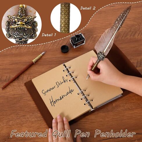 HBGQQ Quill Pen Ink Set,Wax Seal Stamp Kit Feather Ink Set Includes Quill Pen,7 Seal Heads(5D Relief Seal),Notebook,2 Bottles Wax Beads,Beautiful Gift Calligraphy Set,Christmas Gifts-Grey in Saudi Arabia