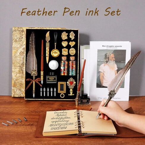 HBGQQ Quill Pen Ink Set,Wax Seal Stamp Kit Feather Ink Set Includes Quill Pen,7 Seal Heads(5D Relief Seal),Notebook,2 Bottles Wax Beads,Beautiful Gift Calligraphy Set,Christmas Gifts-Grey in Saudi Arabia