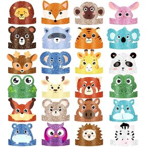24 Pcs Animal Birthday Party Hats Animal Headbands Jungle Safari Animal Paper Party Crown for Girls Kids (Assorted Animals)