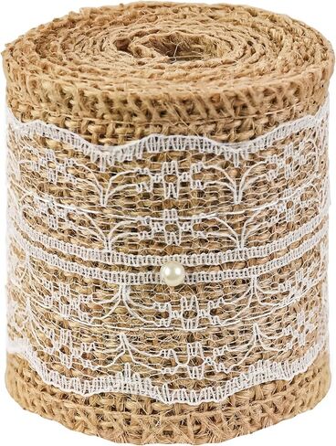 شريط خيش طبيعي من MuRealy - شريط خيش الجوت مع حافة دانتيل بيضاء، شريط ريفي 2-3/8 بوصة 6.5 قدم، أشرطة زخرفية لعيد الشكر، عيد الميلاد، عيد الميلاد، الزفاف والشاطئ ريفي in Kuwait