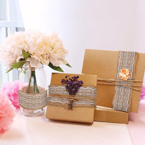 شريط خيش طبيعي من MuRealy - شريط خيش الجوت مع حافة دانتيل بيضاء، شريط ريفي 2-3/8 بوصة 6.5 قدم، أشرطة زخرفية لعيد الشكر، عيد الميلاد، عيد الميلاد، الزفاف والشاطئ ريفي in Kuwait