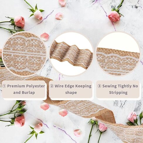 شريط خيش طبيعي من MuRealy - شريط خيش الجوت مع حافة دانتيل بيضاء، شريط ريفي 2-3/8 بوصة 6.5 قدم، أشرطة زخرفية لعيد الشكر، عيد الميلاد، عيد الميلاد، الزفاف والشاطئ ريفي in Kuwait