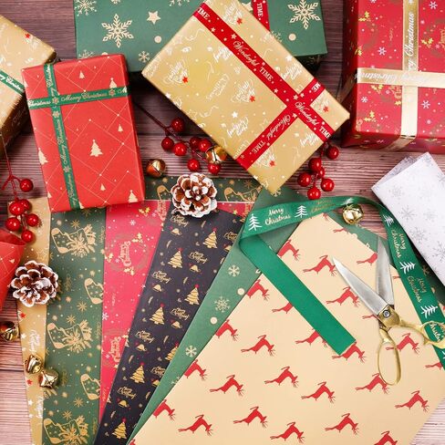 حزمة ورق تغليف عيد الميلاد من NiHome مكونة من 8 قطع - ورق أبيض لامع مقاس 28 × 20 بوصة وورق كرافت بني وتصميمات كلاسيكية منقوشة تتميز بأشجار عيد الميلاد ورسومات الشعار المبتكرة وزخارف العطلات الأخرى in Saudi Arabia