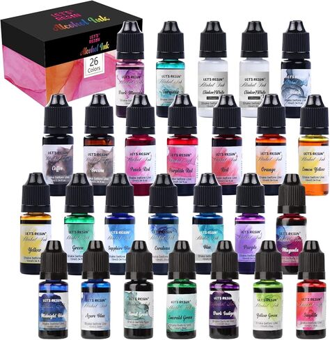 Alcohol Ink for Epoxy Resin LET'S RESIN Concentrated Alcohol Ink Set, 26 Vibrant Colors Alcohol-Based Resin Ink,Alcohol Paint Resin Dye for Resin Art, Tumblers, Resin Epoxy(Each 0.35oz) in Saudi Arabia