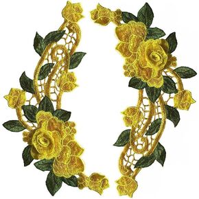 3D Red Rose Floral Trim Venise Applique Motif Embroidered Collar Sew on Patches for Sewing Repair Clothes (Bright Yellow)