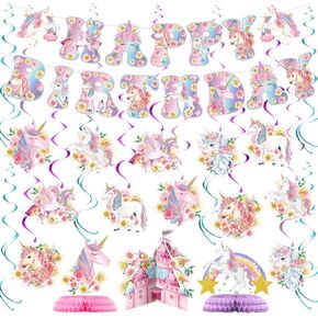 NICOWARM Rainbow Floral Unicorn Decoration Set for Birthday Party, Unicorn Birthday Party Supplies for Girls Includes Floral Cloud Theme Pre-assembled Banner, Hanging Swirl, Honeycomb Centerpiece in Kuwait